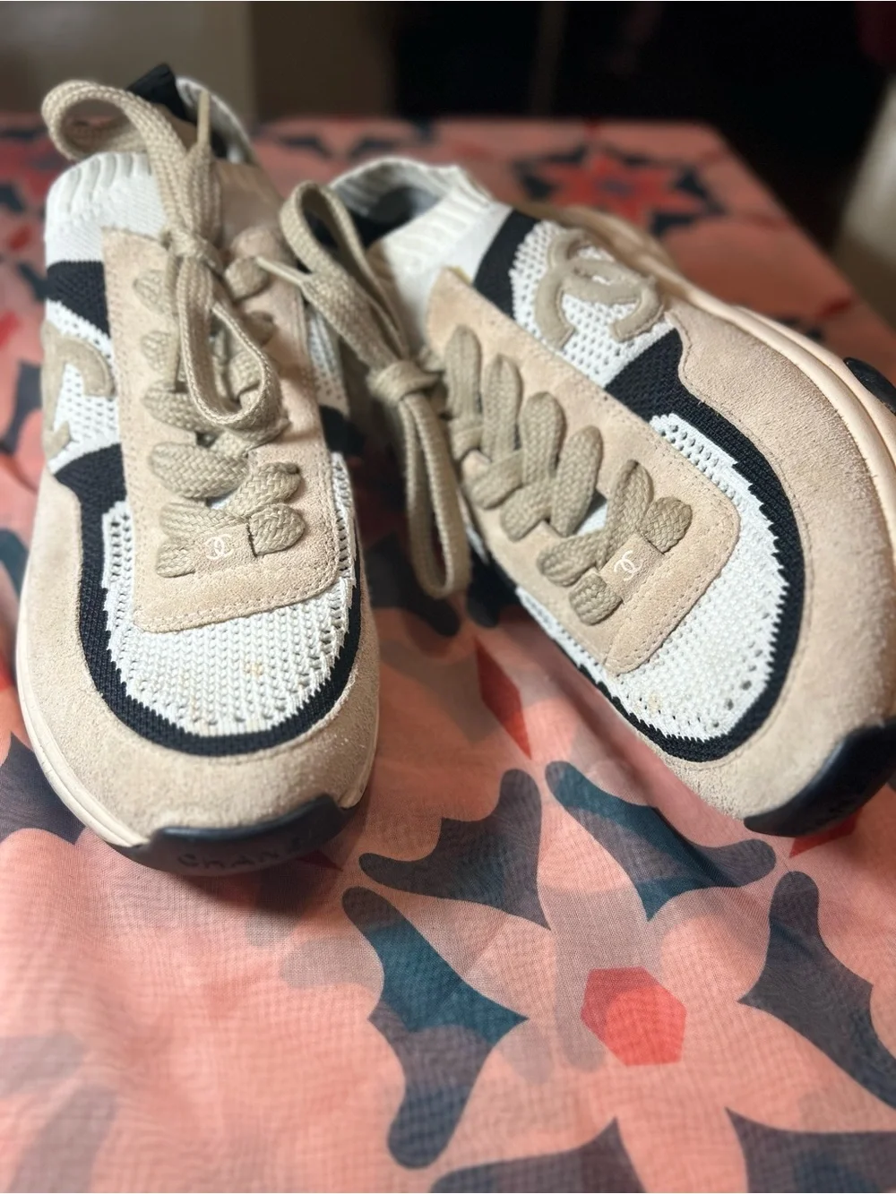 CHANEL Women’s Beige and Black Knit & Suede Sneaker